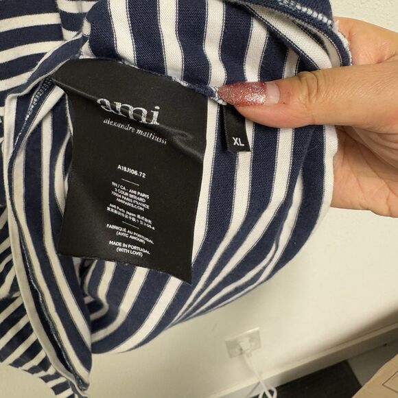 AMI Paris Alexandre Mattiussi Long Sleeve Shirt Size XL Heart Navy White Stripe - Picture 5 of 7